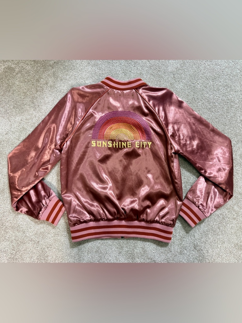MOTHER “Sunshine City” Satin Letterman Bomber Jacket | size Small | EUC - Picture 15 of 16